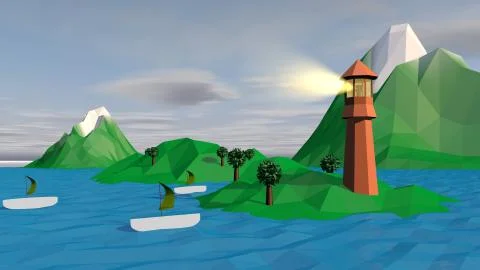 A lowpoly 3d illustration of three white boats with khaki sails anchored at s Stock Illustration