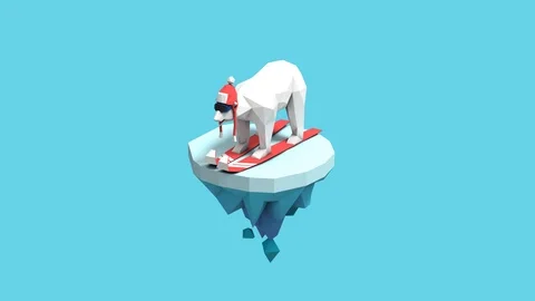 Lowpoly bear with skiing on small iceberg Stock Footage 124554131