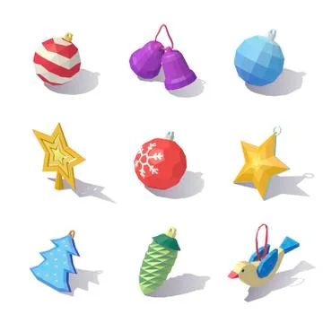 Lowpoly Christmas tree decorations Stock Illustration
