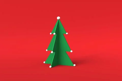 Lowpoly Christmas tree on red background. 3d render Stock Illustration