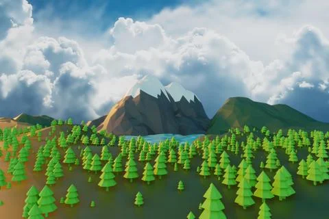 Lowpoly landscape Nature with mountains trees and clouds Sunset Background mi Stock Illustration