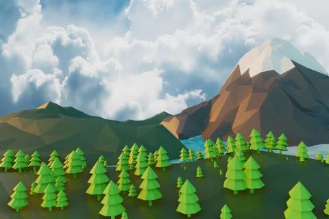 Lowpoly landscape Nature with mountains trees and clouds Sunset Background mi Stock Illustration