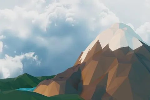 Lowpoly landscape Nature with mountains trees and clouds Sunset Background mi Stock Illustration