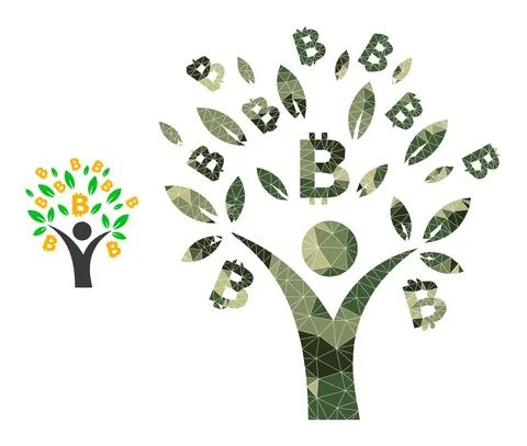 Lowpoly Mosaic Bitcoin Tree Man Icon in Khaki Military Colors Stock Illustration