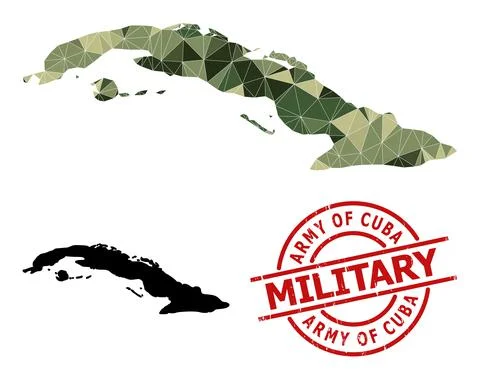 Lowpoly Mosaic Map of Cuba and Grunge Military Seal Illustrazione stock