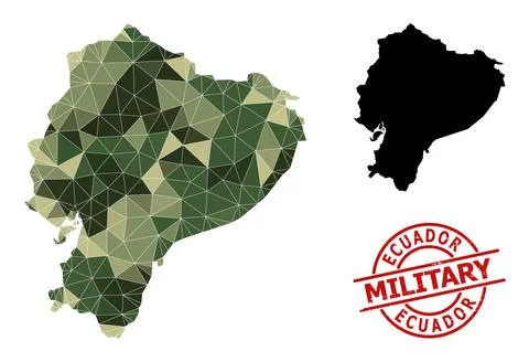 Lowpoly Mosaic Map of Ecuador and Grunge Military Stamp Stock Illustration