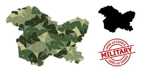 Lowpoly Mosaic Map of Jammu and Kashmir State and Scratched Military Seal Stock Illustration