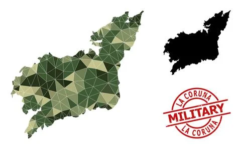Lowpoly Mosaic Map of La Coruna Province and Scratched Military Stamp Illustrazione stock