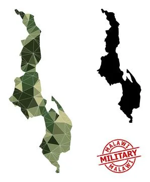 Lowpoly Mosaic Map of Malawi and Grunge Military Stamp Seal Stock Illustration