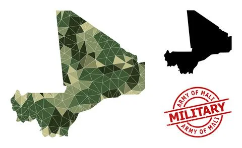 Lowpoly Mosaic Map of Mali and Distress Military Badge Stock Illustration
