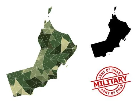 Lowpoly Mosaic Map of Oman and Distress Military Stamp Stock Illustration