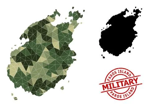 Lowpoly Mosaic Map of Paros Island and Scratched Military Seal Stock Illustration