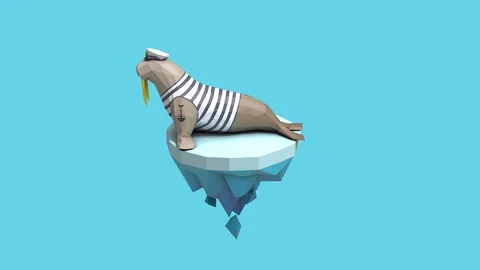 Lowpoly sailor walrus on small iceberg Stock Footage 124554117