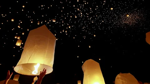 Loy Krathong Festival, Floating Lantern Release in Chiang Mai, Thailand Stock Footage