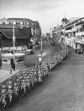 Loyals Marching Down Temple Road, Malaya, Singapore Fotos de archivo