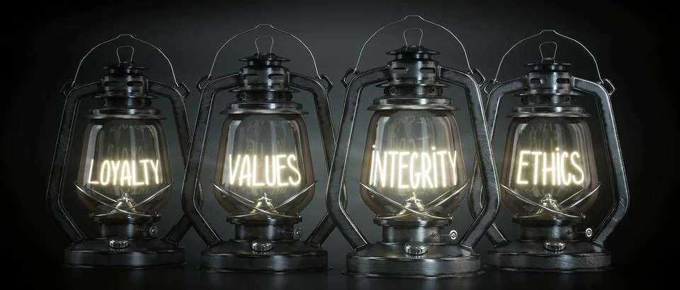 Loyalty, Integrity, Values, Ethics - Vintage Kerosene Lanterns - 3d illustr.. Stock Illustration