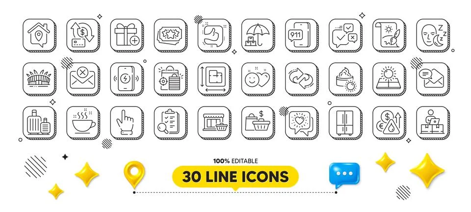 Loyalty points, Wireless charging and Work home line icons pack. For web app. 3d Stock Illustration