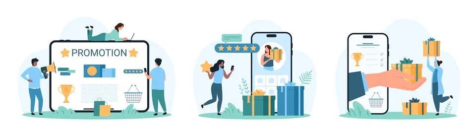 Loyalty program, and giveaway personalized product advertising of tiny people Stock Illustration