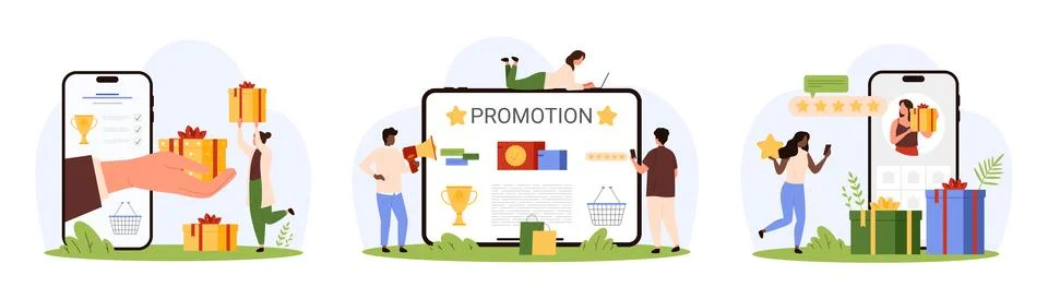 Loyalty program and promotion, giveaway contest set, hand giving gift box to Stock Illustration