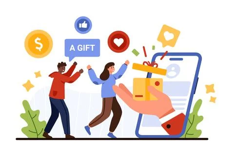 Loyalty program bonuses, giveaway, hand giving gift box to tiny people from Stock Illustration