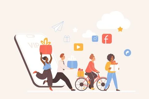 Loyalty program campaign, people win prizes and gifts, walk from big mobile Stock Illustration