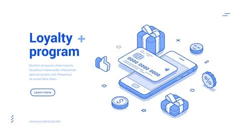 Loyalty program card payment online banking outline isometric web banner de.. Stock Illustration