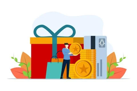 Loyalty program concept, man holding points coin, get bonus and cash back. Illustrazione stock