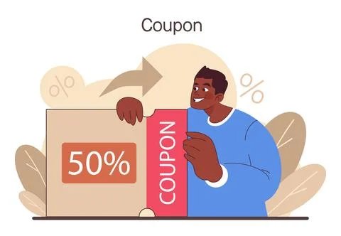 Loyalty program. Customer using coupons to save money. Man using discount 스톡 일러스트