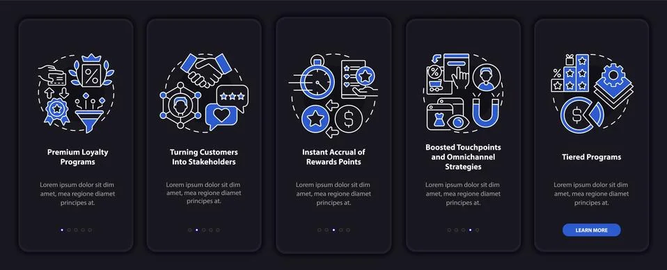 Loyalty program dark onboarding mobile app page screen Illustrazione stock
