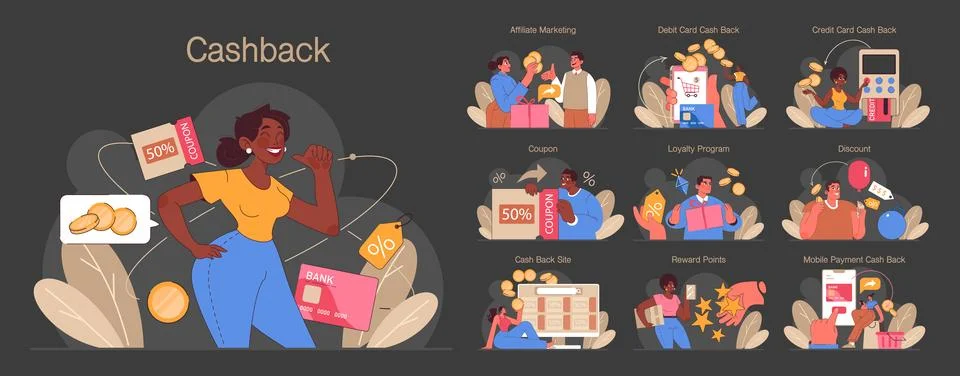 Loyalty program dark or night mode set. Rewards, offers, cashback イラスト素材
