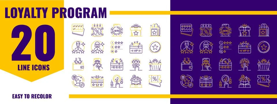 Loyalty program exclusive benefits line icons Stock Illustration