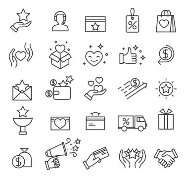 Loyalty program icons. Exclusive discounts, customer incentive benefits and Stock Illustration