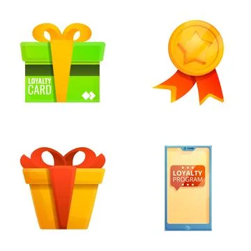 Loyalty program icons set cartoon vector. Medal gift box and smartphone Ilustración de archivo