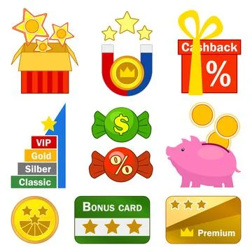 Loyalty program icons set cartoon vector. Reward earn bonus Stock Illustration