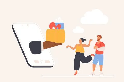 Loyalty program, incentive prize and benefits, hand from phone giving gift box Stock Illustration
