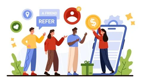 Loyalty program invite friend, cashback, discount offer from woman on phone Illustrazione stock