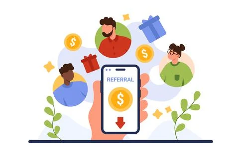 Loyalty program invite friend, deal partnership of influencer holding phone in Illustrazione stock