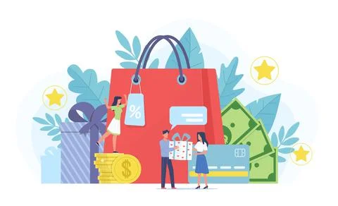 Loyalty program. Marketing customer service, tiny people and gifts, bonus points Stock Illustration