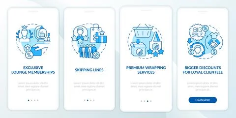 Loyalty program perks blue onboarding mobile app page screen Stock Illustration