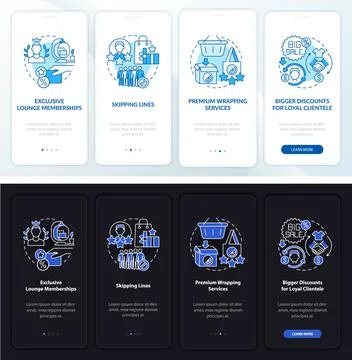 Loyalty program perks dark, light onboarding mobile app page screen 스톡 일러스트