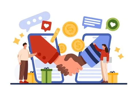 Loyalty program to refer friend, partnership, handshake of two hands from phone 스톡 일러스트