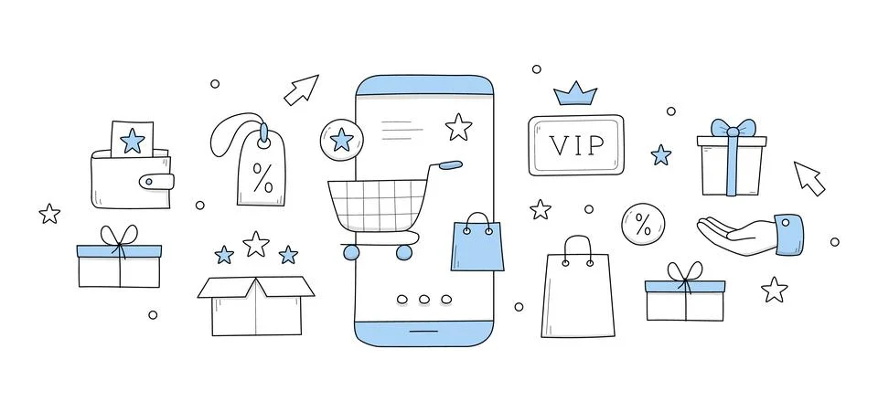 Loyalty program rewards doodle concept, shopping Stock-Illustration