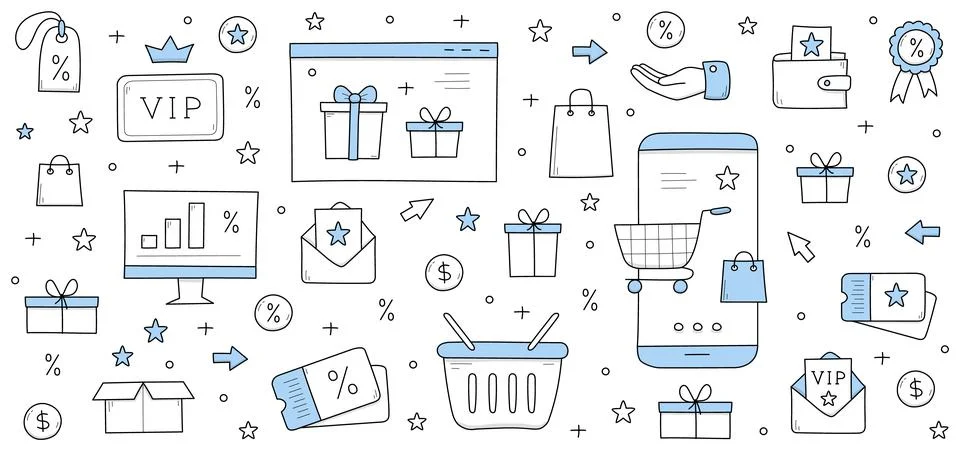 Loyalty program rewards doodle concept, shopping Stock-Illustration