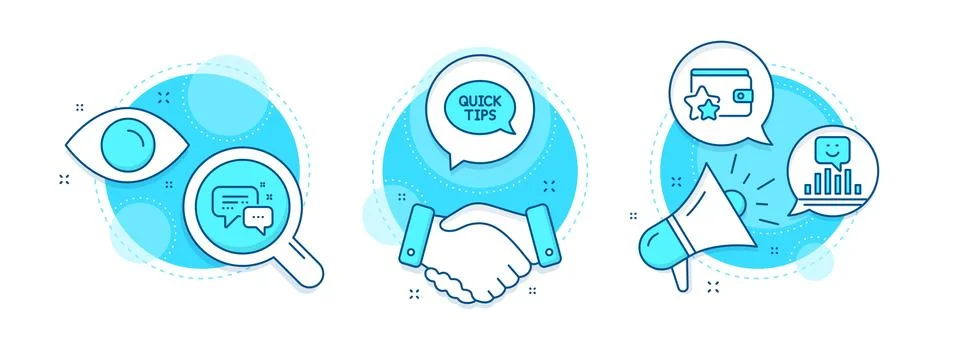 Loyalty program, Smile and Quickstart guide icons set. Employees messenger sign Stockillustratie