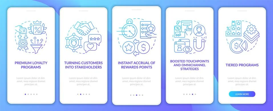 Loyalty program tendencies blue gradient onboarding mobile app page screen Stock Illustration