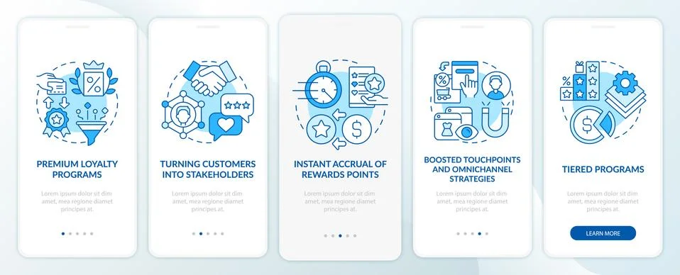 Loyalty program tendencies blue onboarding mobile app page screen Stock Illustration