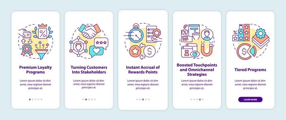 Loyalty program tendencies onboarding mobile app page screen Illustrazione stock