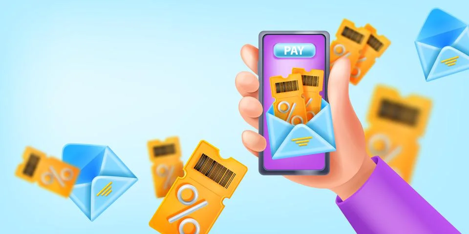 Loyalty program vector app add, 3D hand holding smartphone, gift voucher Stock Illustration