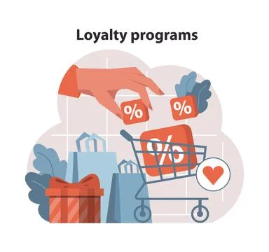 Loyalty programs concept. Hand placing discounts into shopping cart. 스톡 일러스트