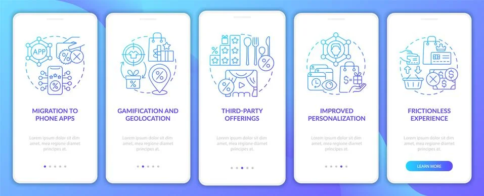 Loyalty programs trends blue gradient onboarding mobile app page screen Stock Illustration